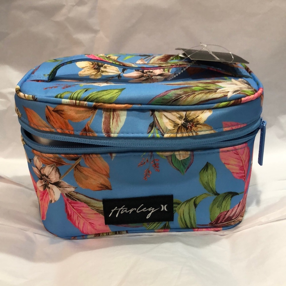 Hurley blue floral tropical island print makeup cosmetics bag case new